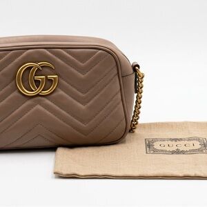 Gucci GG Marmont Camera Bag Taupe Matelassé Chevron Leather